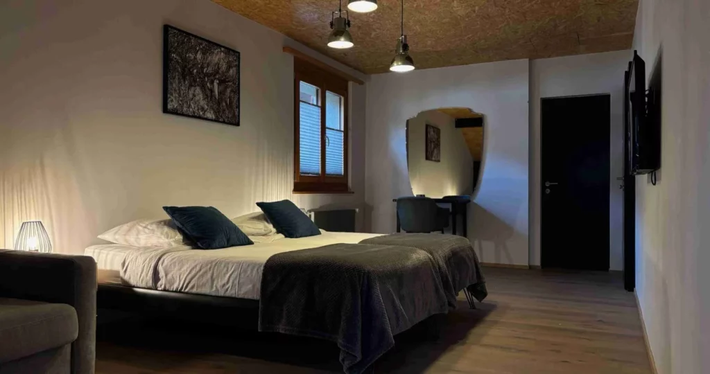 Twin bed setup in Double Room Nickel at La Forge de Diogne boutique guesthouse in Valais